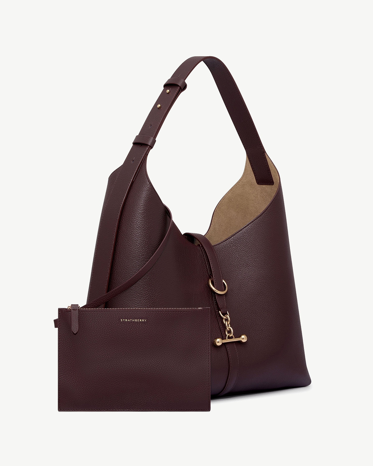 Burgundy Strathberry Kite Hobo Maxi with matching pouch, pebbled leather and gold hardware.