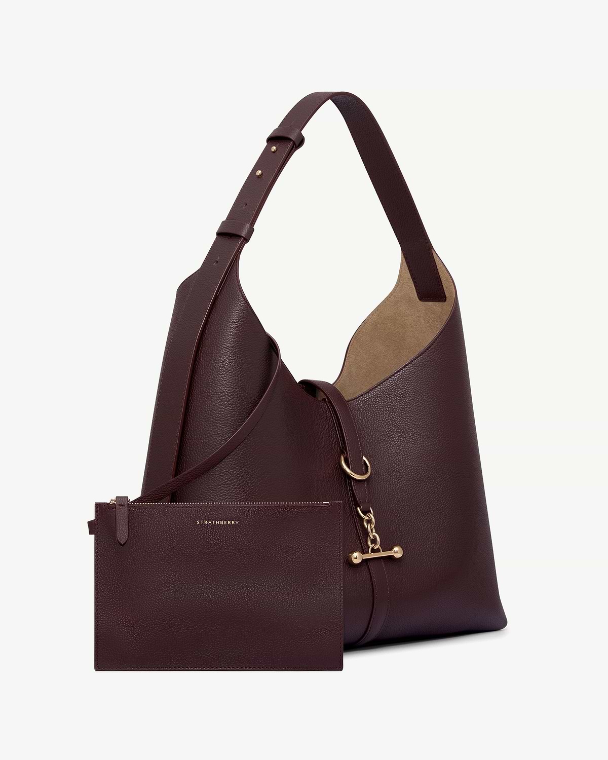 Burgundy Strathberry Kite Hobo Maxi with matching pouch, pebbled leather and gold hardware.