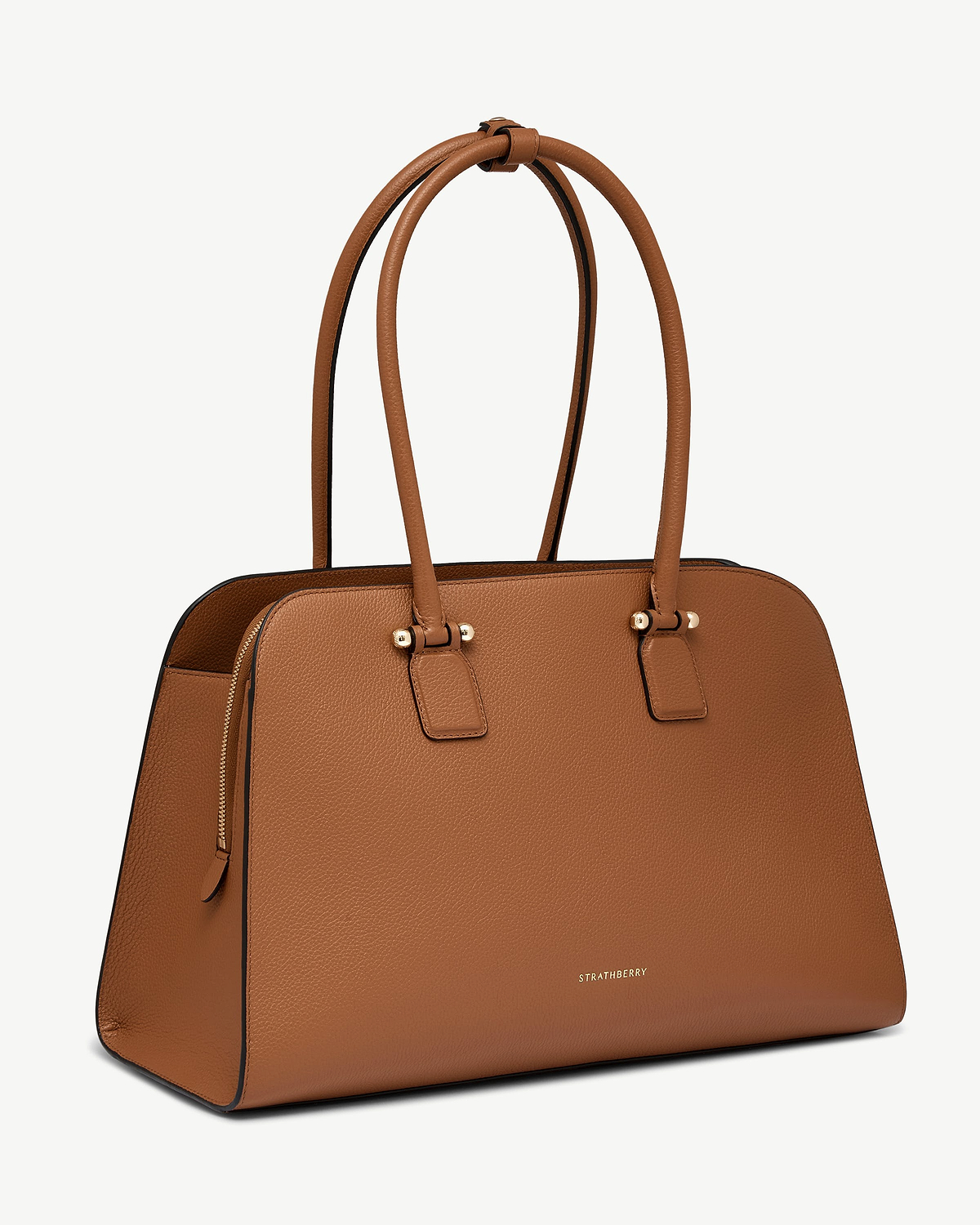 Tan leather tote bag with double top handles, gold hardware and Strathberry logo.