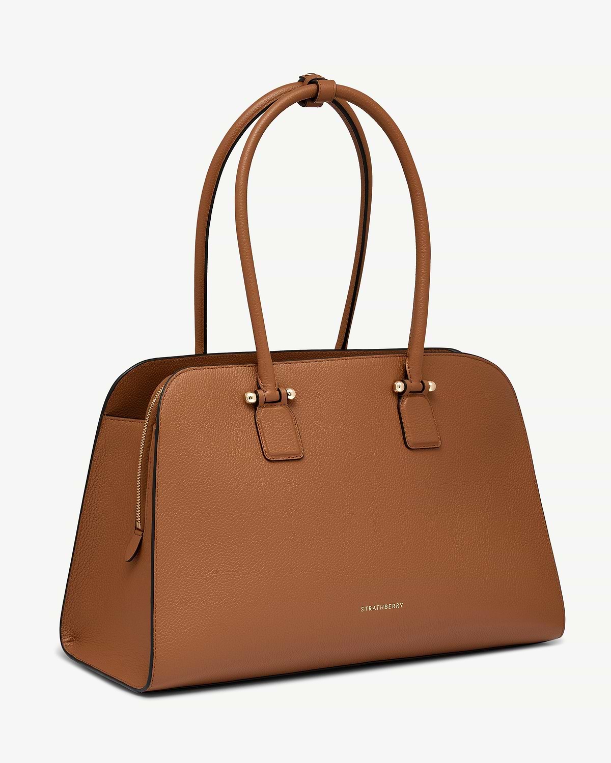 Tan leather tote bag with double top handles, gold hardware and Strathberry logo.