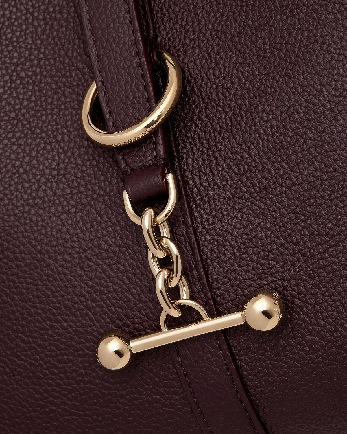 Close up of burgundy Strathberry Kite Hobo pebbled leather and gold fittings