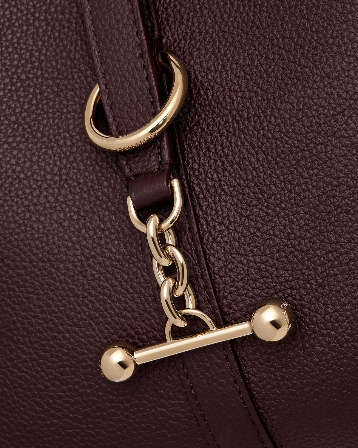 Close up of burgundy Strathberry Kite Hobo pebbled leather and gold fittings