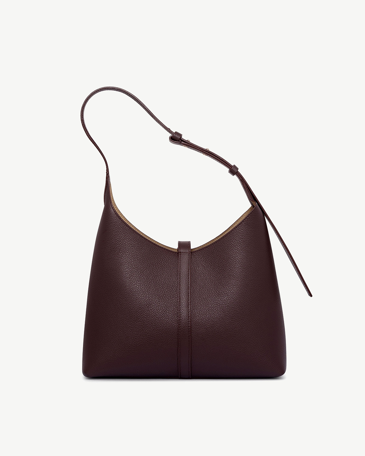 Burgundy pebbled leather Kite Hobo bag with single shoulder strap and centre seam.