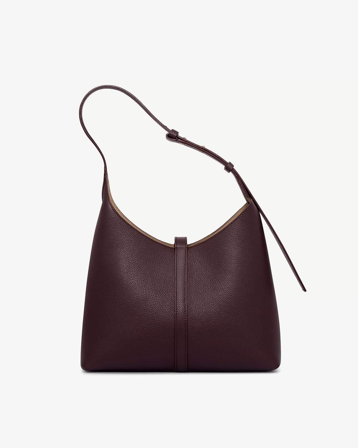 Burgundy pebbled leather Kite Hobo bag with single shoulder strap and centre seam.