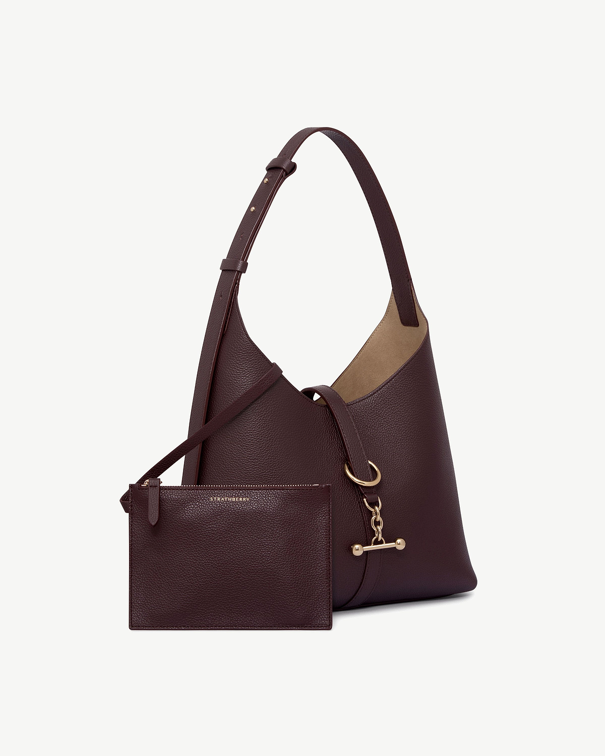 Burgundy Strathberry Kite Hobo bag with matching pouch, pebbled leather and gold hardware.