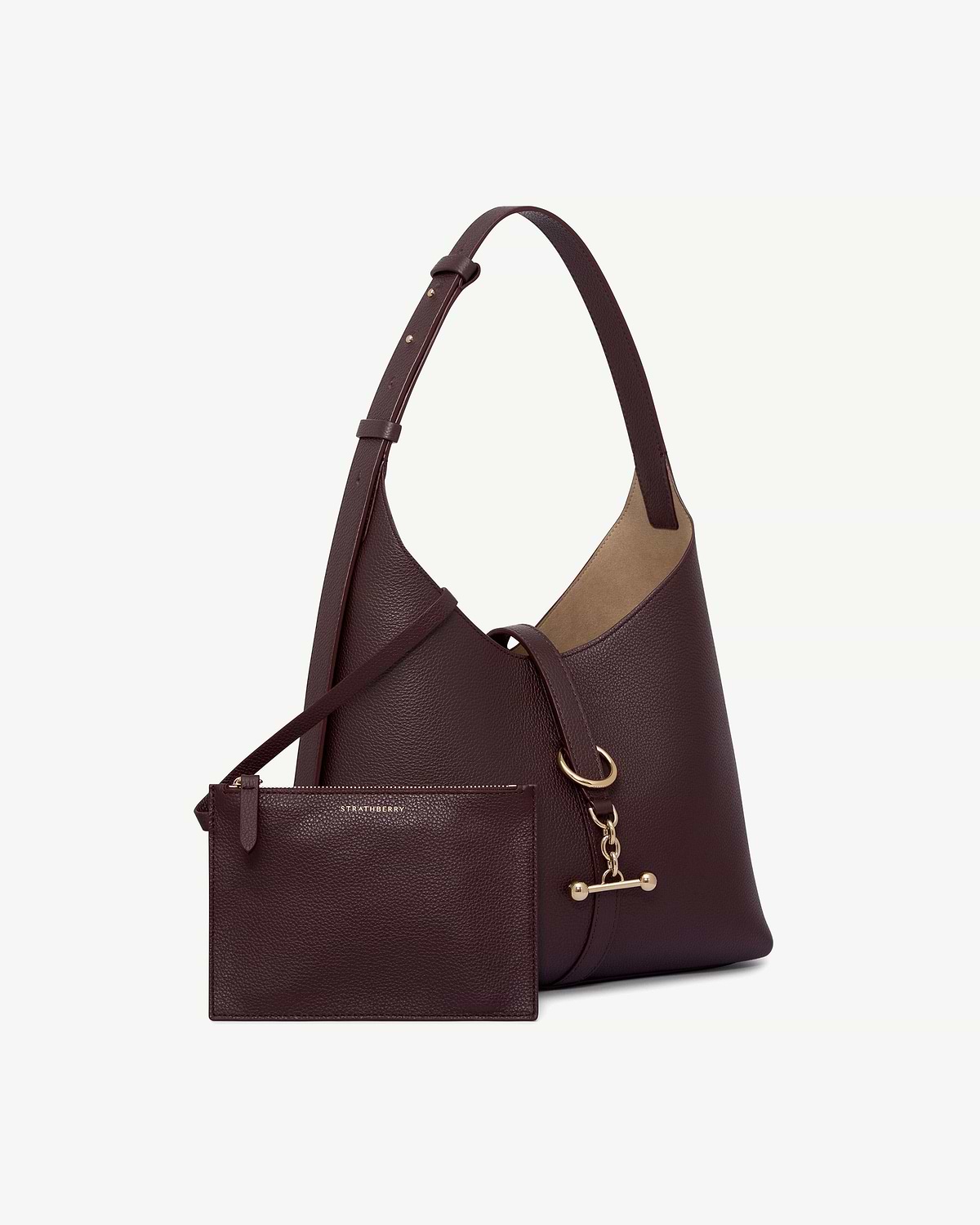 Burgundy Strathberry Kite Hobo bag with matching pouch, pebbled leather and gold hardware.