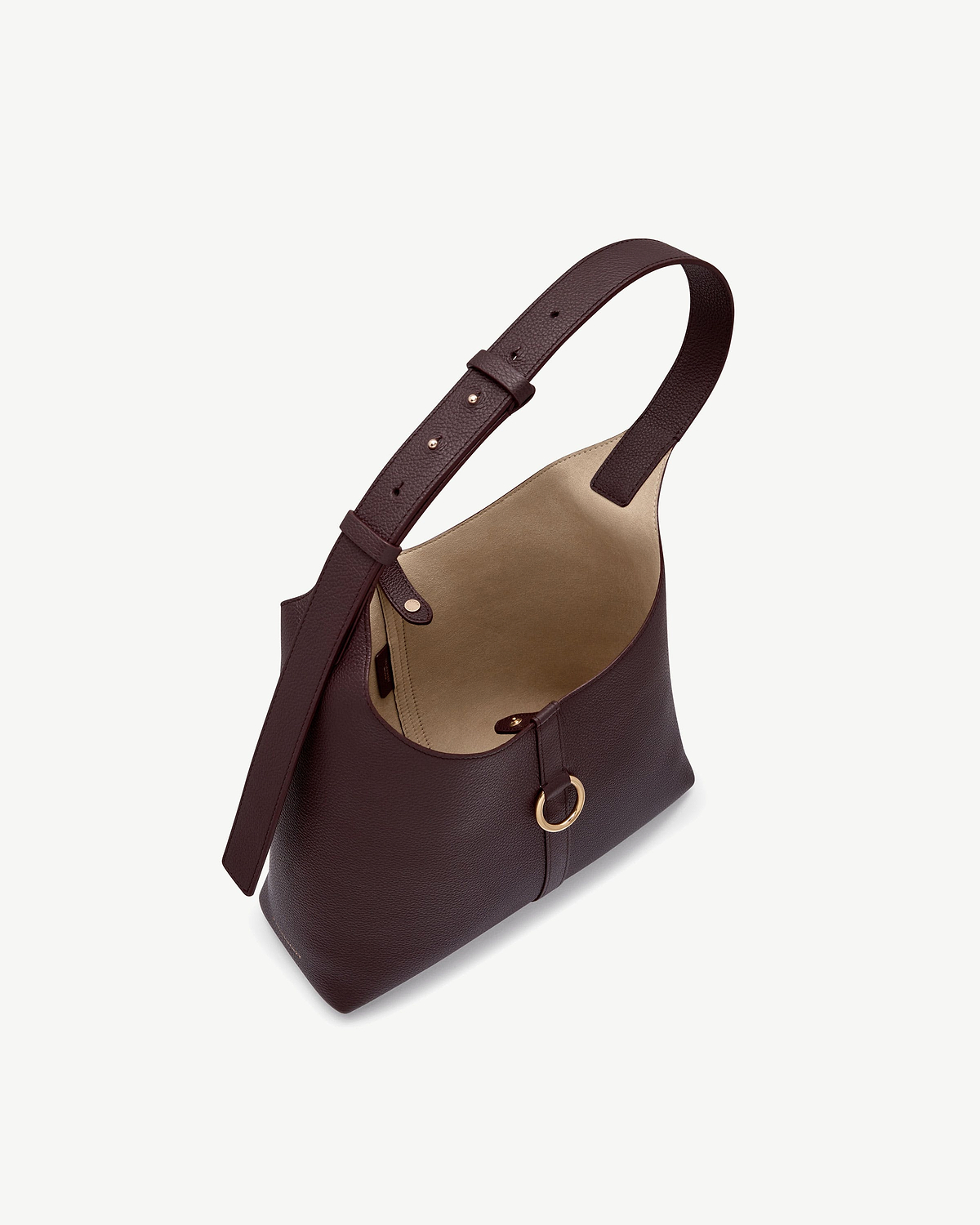 Burgundy leather hobo bag with adjustable strap and gold ring detail.
