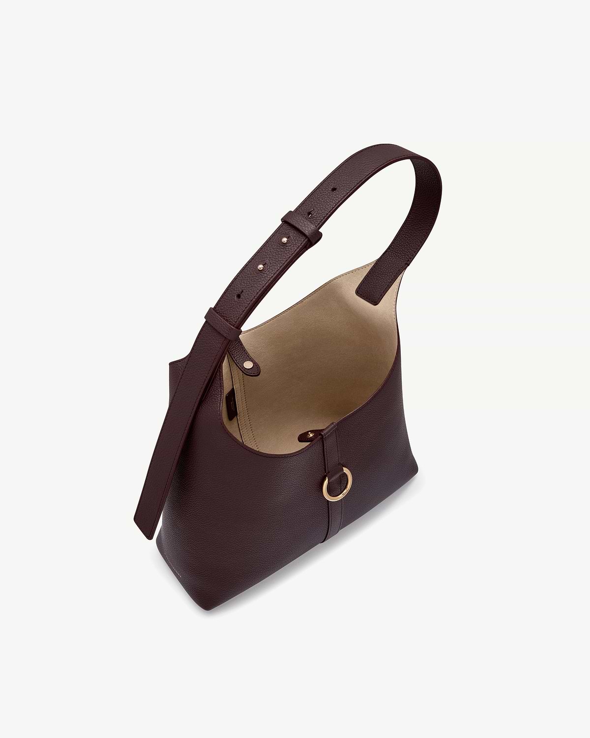 Burgundy leather hobo bag with adjustable strap and gold ring detail.