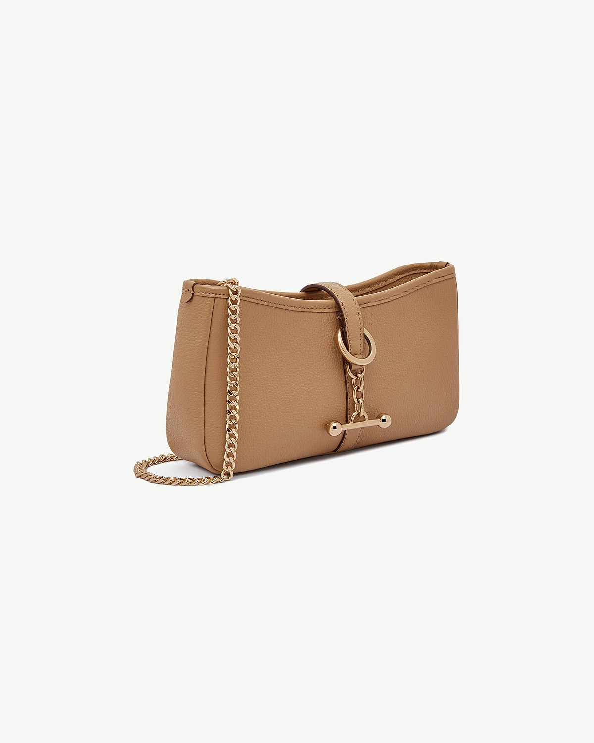 Caramel leather Kite on a Chain bag with gold chain and ring hardware.