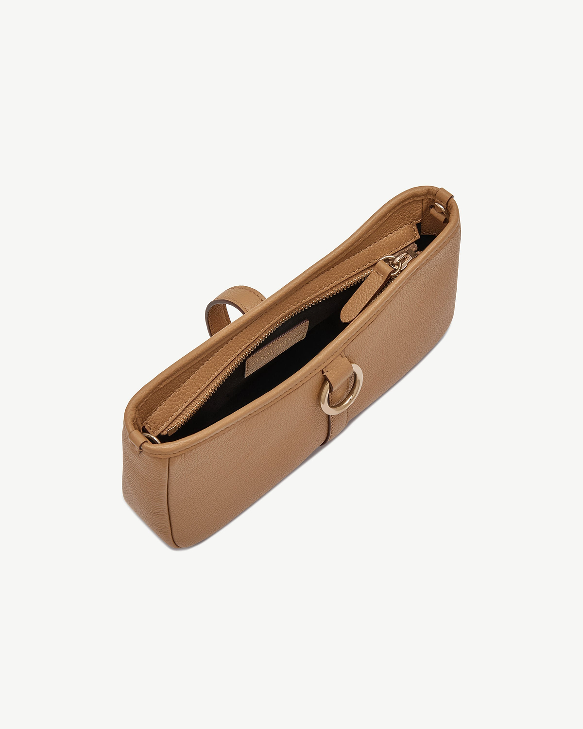 Caramel leather bag, top view showing zip and gold ring hardware.