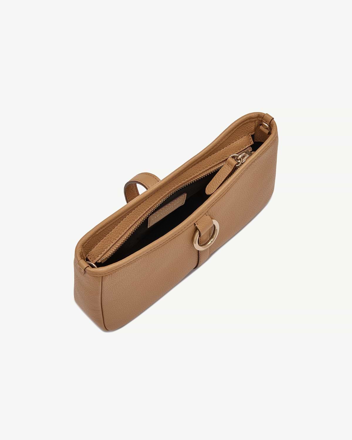 Caramel leather bag, top view showing zip and gold ring hardware.