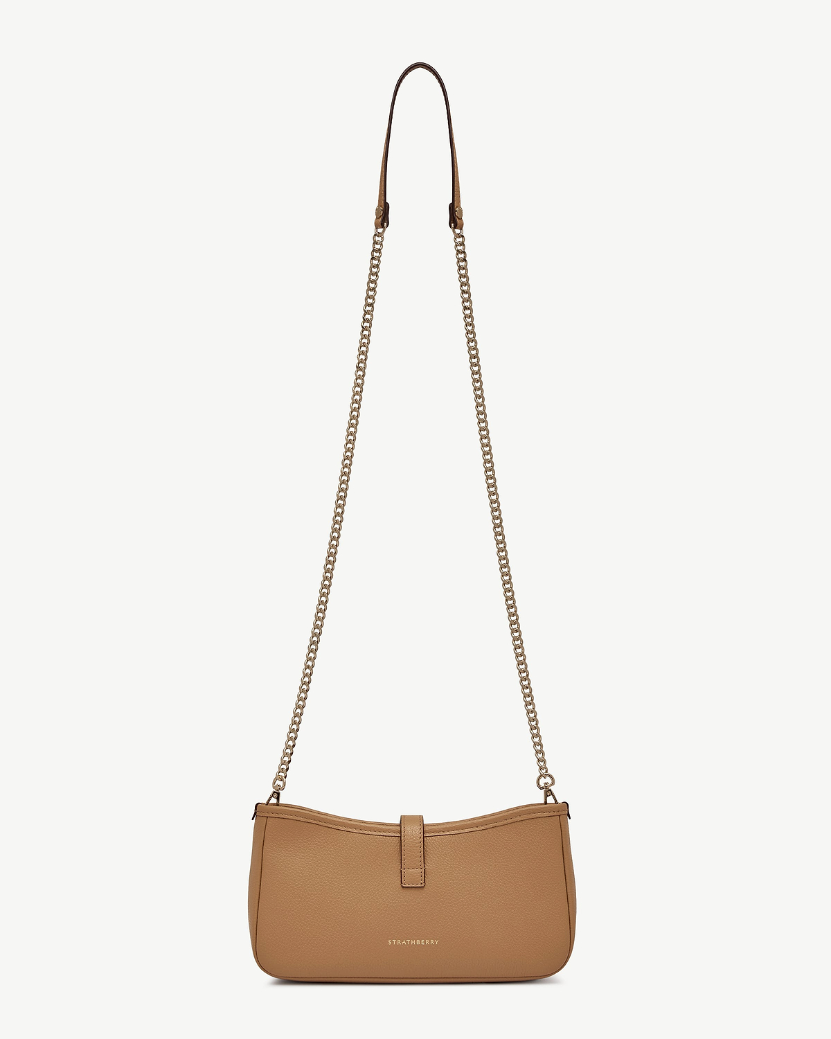 Caramel leather Kite on a Chain bag with gold chain strap and Strathberry logo.