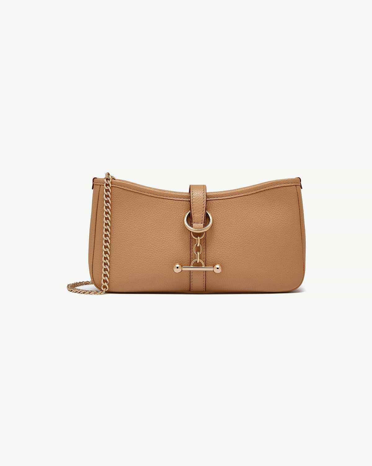 Caramel leather shoulder bag with gold chain strap and ring hardware.