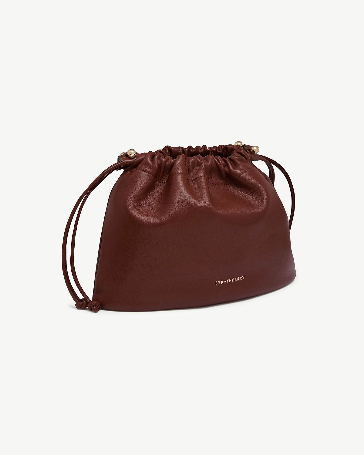 Walnut leather Charlotte midi drawstring bag with gold Strathberry logo.