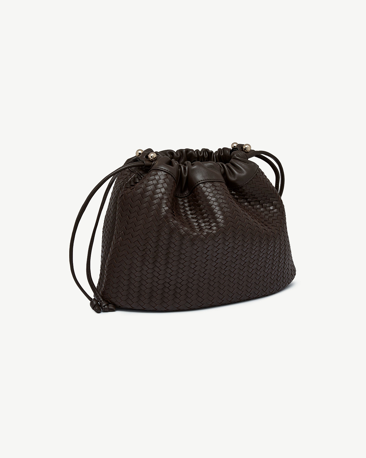 Chocolate woven leather drawstring bag with braided texture and metal bead detailing