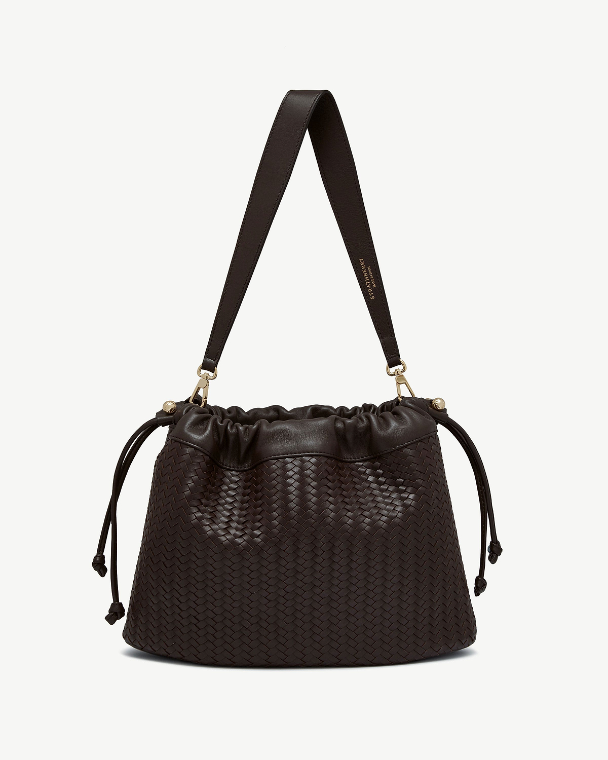 Strathberry chocolate woven leather Charlotte midi drawstring bag with strap and gold hardware
