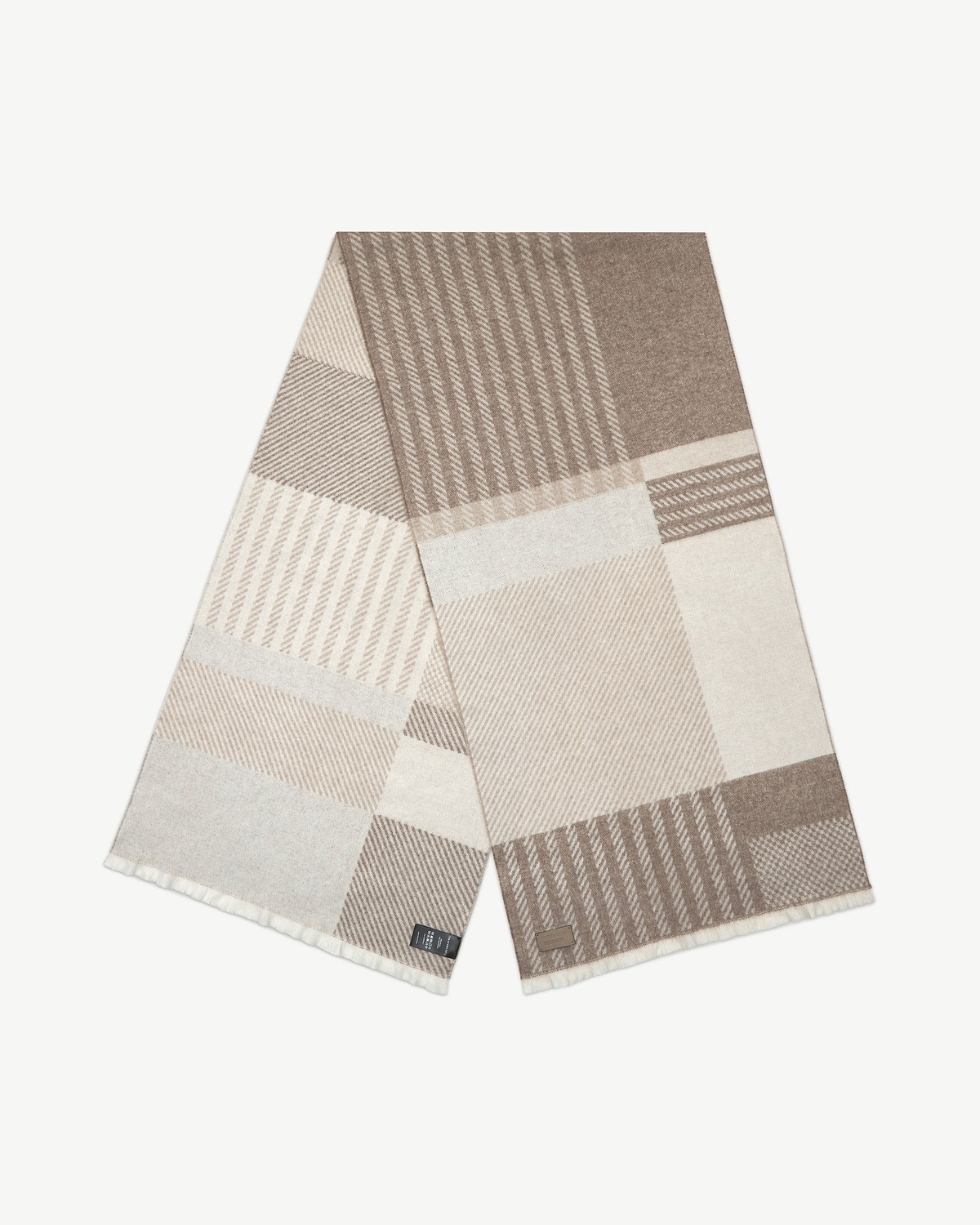 Taupe and cream tartan cashmere scarf folded, checked pattern and fringed ends visible
