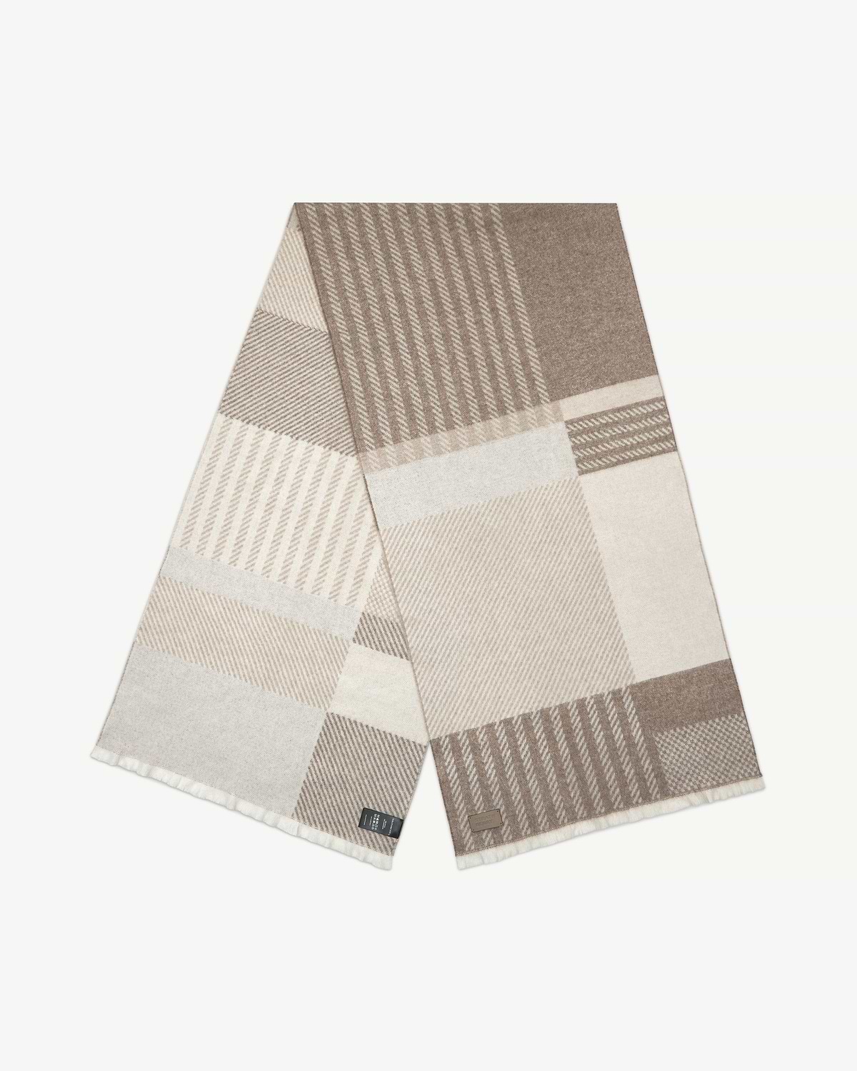 Taupe and cream tartan cashmere scarf folded, checked pattern and fringed ends visible