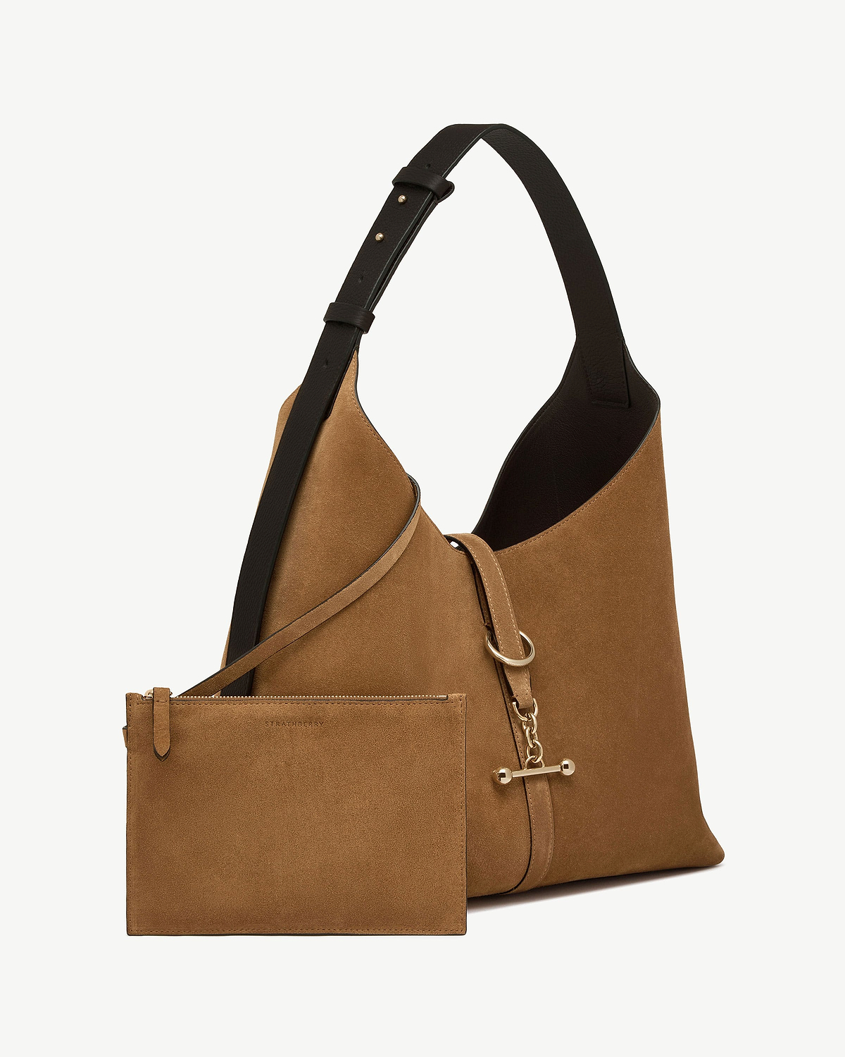 Strathberry Kite Hobo Maxi in toffee suede with espresso strap, pouch and gold hardware.