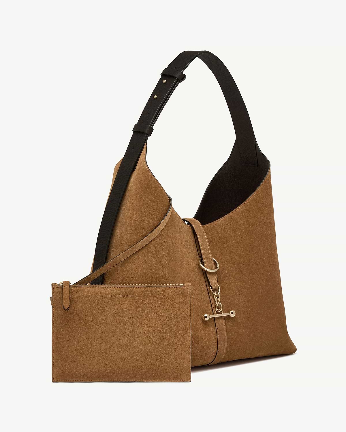 Strathberry Kite Hobo Maxi in toffee suede with espresso strap, pouch and gold hardware.