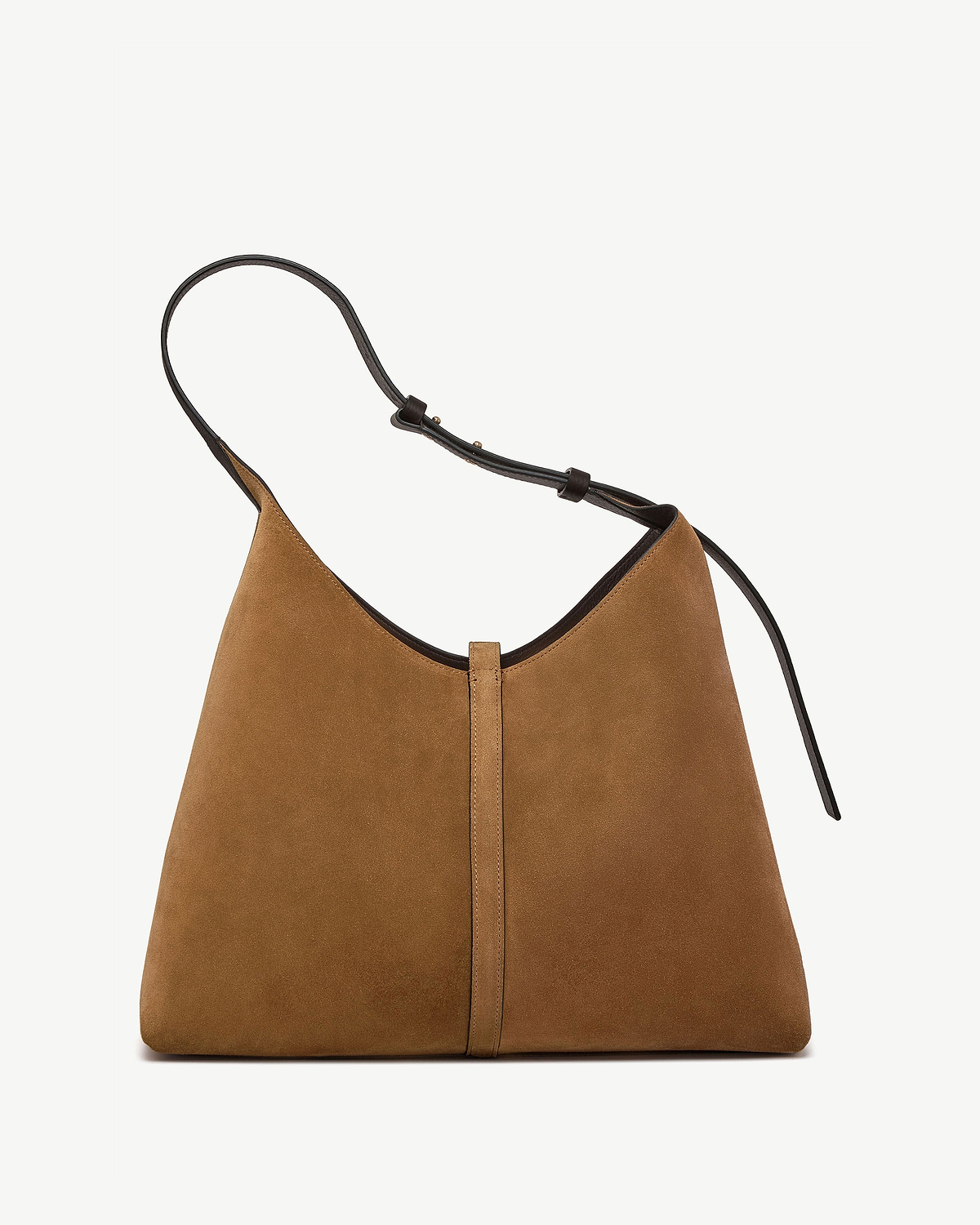 Toffee suede hobo bag with espresso leather strap and central vertical seam.