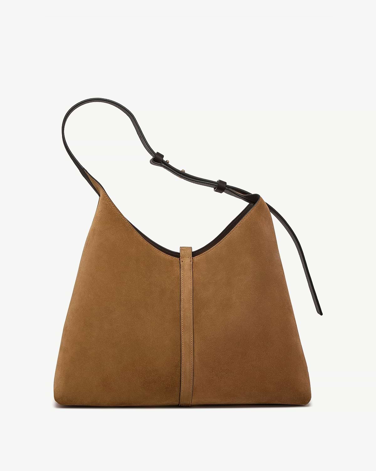 Toffee suede hobo bag with espresso leather strap and central vertical seam.