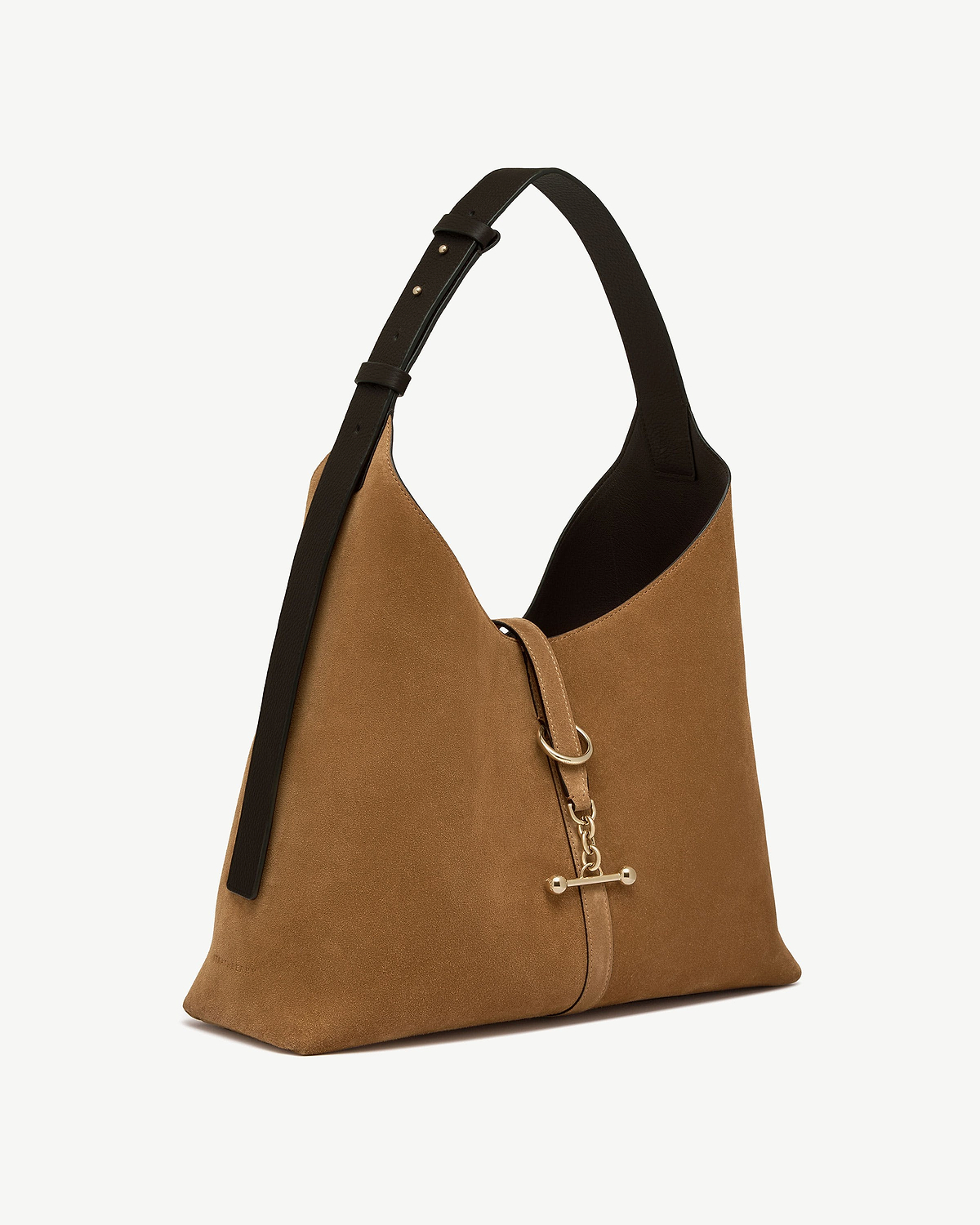 Toffee suede hobo bag with espresso leather strap and gold toggle chain closure