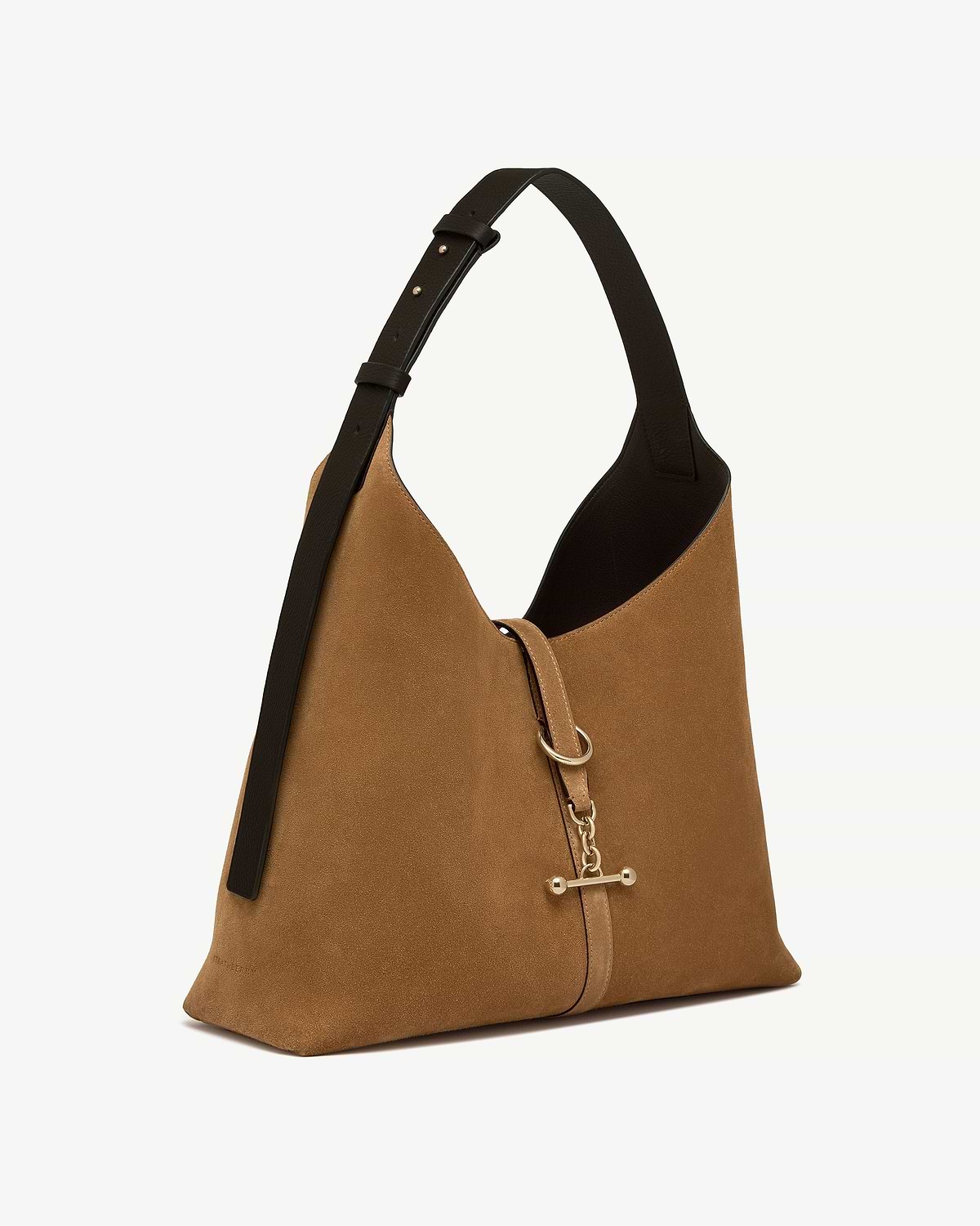 Toffee suede hobo bag with espresso leather strap and gold toggle chain closure