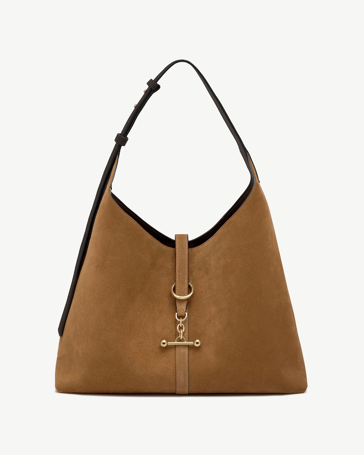 Toffee suede hobo bag with espresso leather trim and gold hardware.