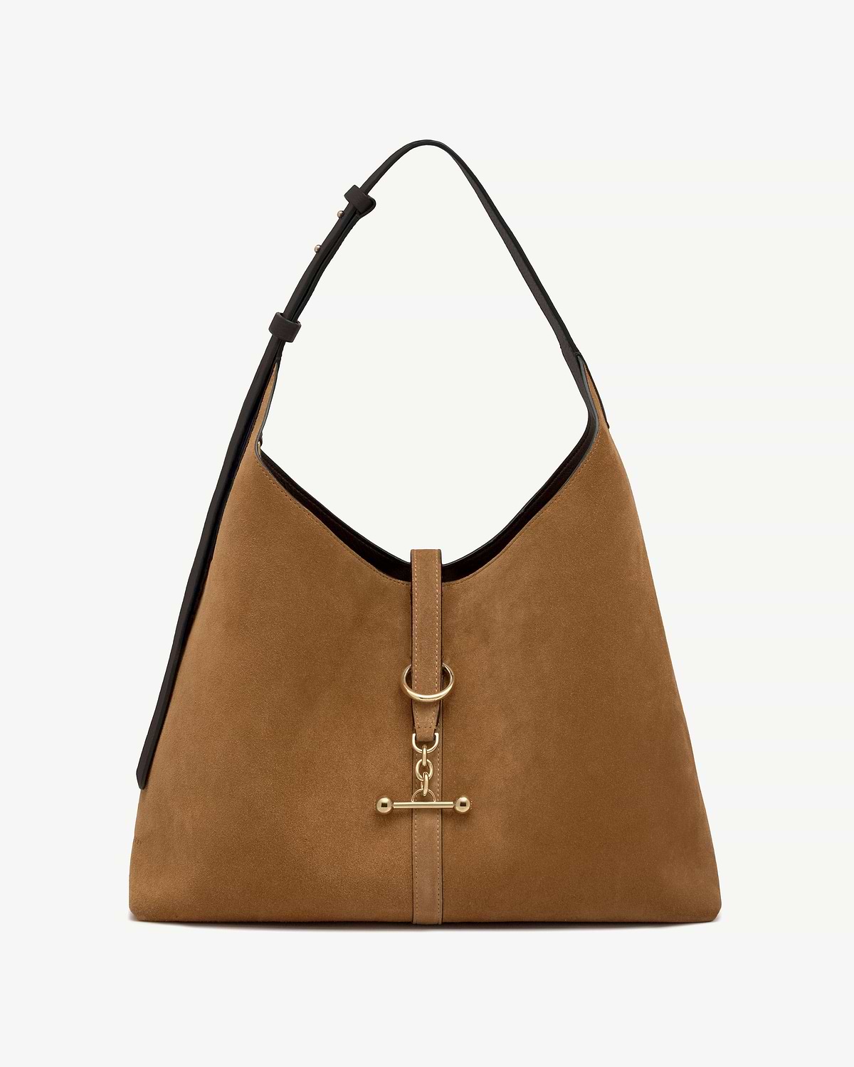 Toffee suede hobo bag with espresso leather trim and gold hardware.