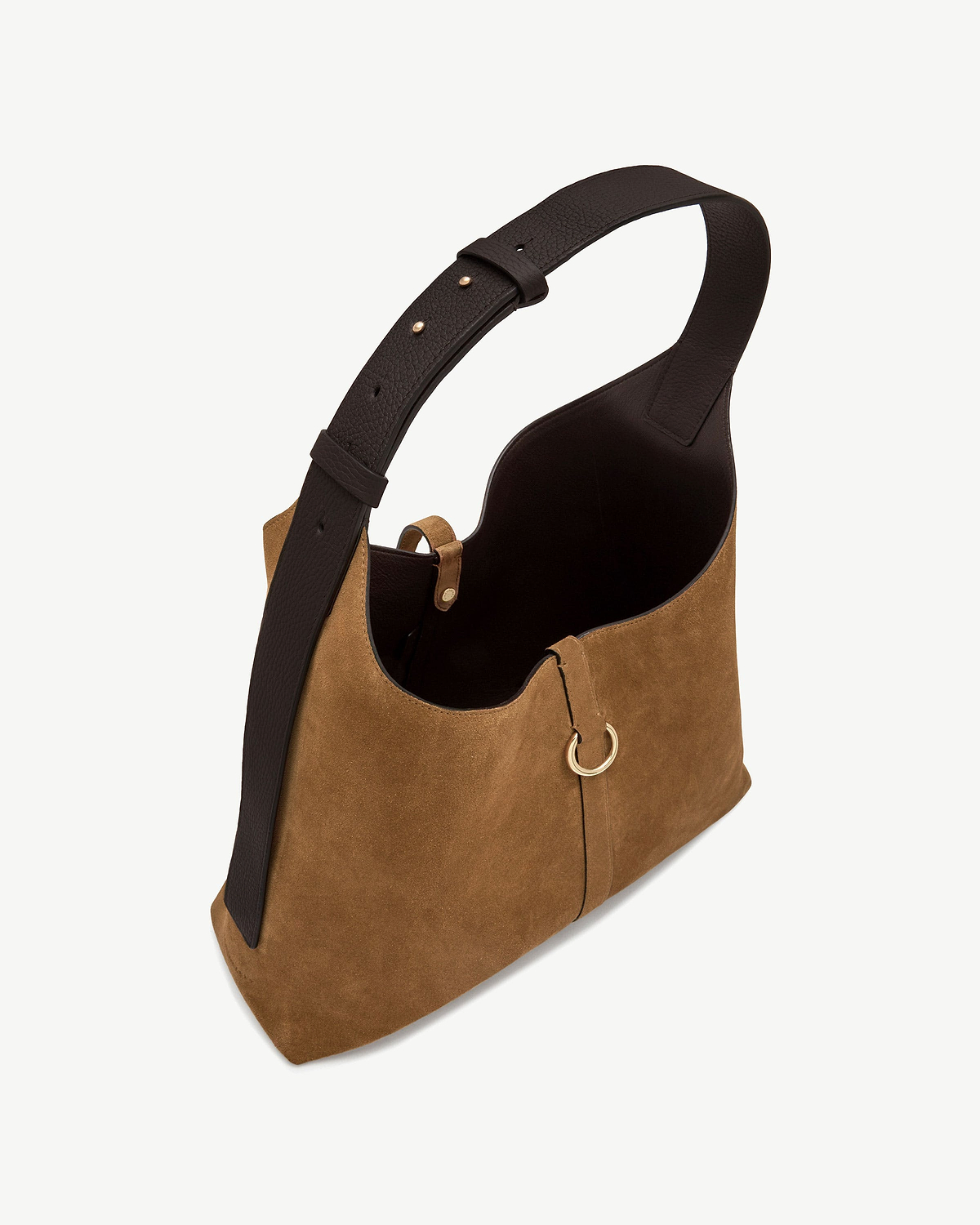 Toffee suede hobo bag with espresso leather strap and gold ring.