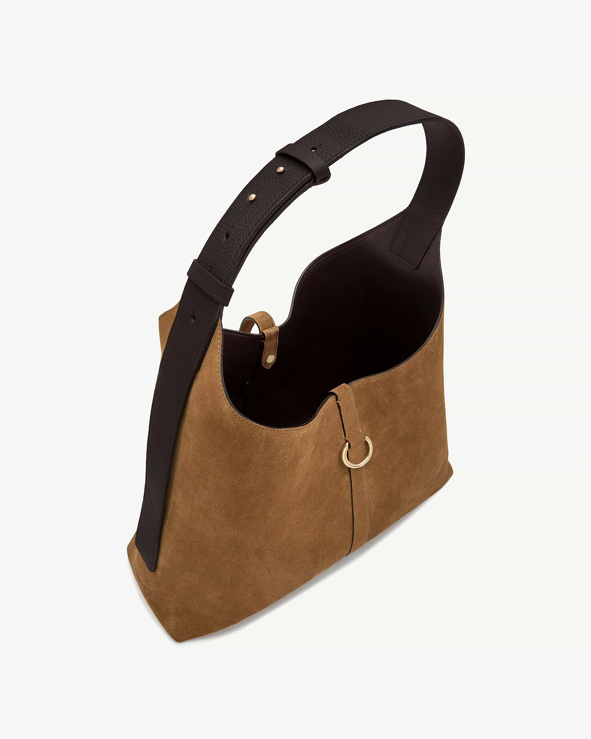 Toffee suede hobo bag with espresso leather strap and gold ring.