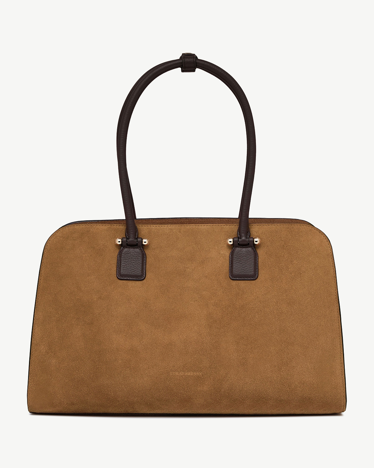 Toffee suede tote bag with espresso leather handles and gold-tone hardware.