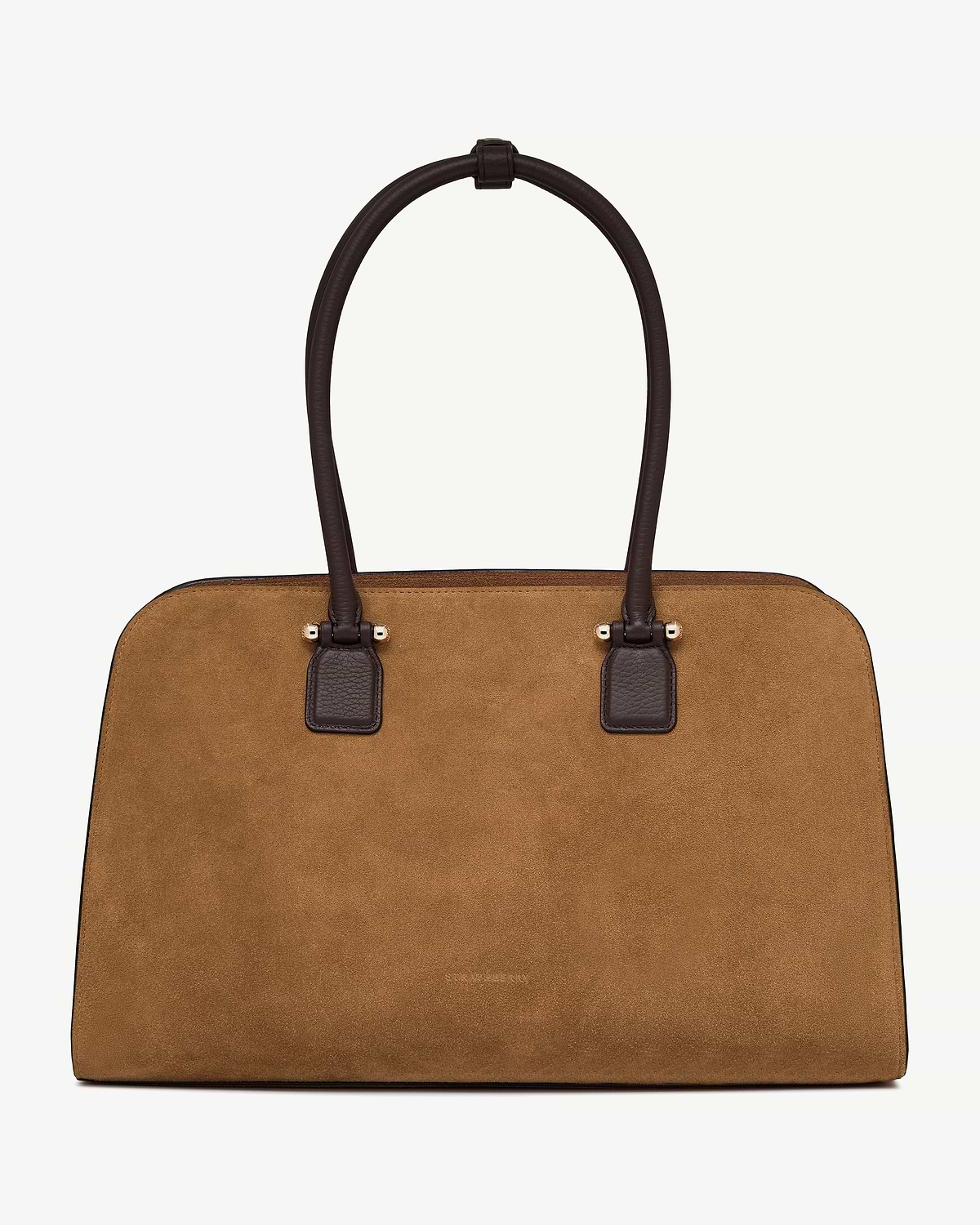 Toffee suede tote bag with espresso leather handles and gold-tone hardware.