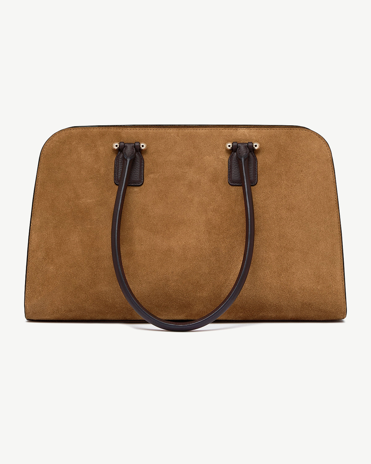 Toffee suede tote with espresso leather handles, front view on white background.