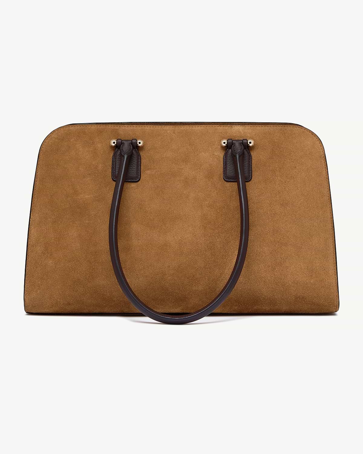 Toffee suede tote with espresso leather handles, front view on white background.