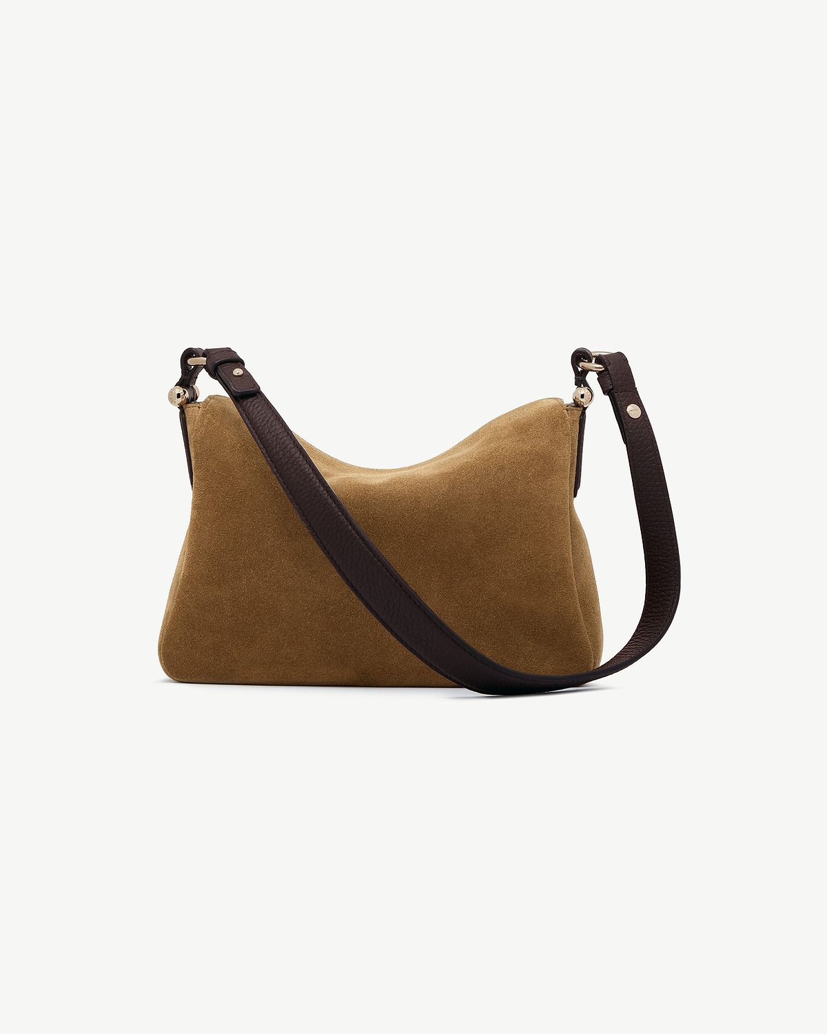 Toffee suede shoulder bag with espresso leather strap and gold hardware.