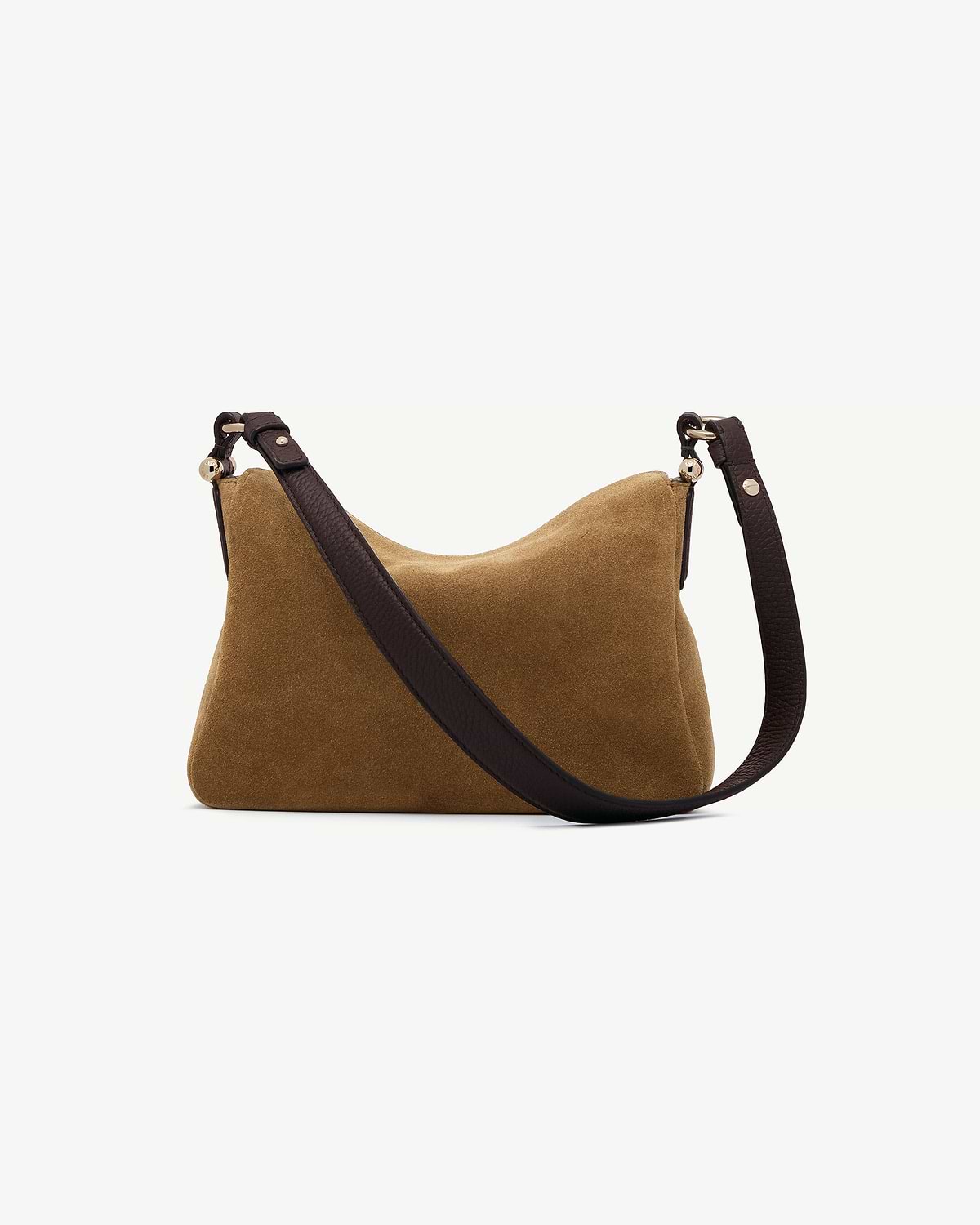 Toffee suede shoulder bag with espresso leather strap and gold hardware.