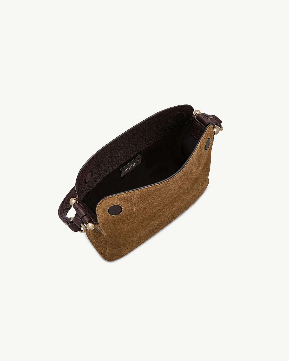 Open toffee suede bag with espresso leather trim and gold fittings.