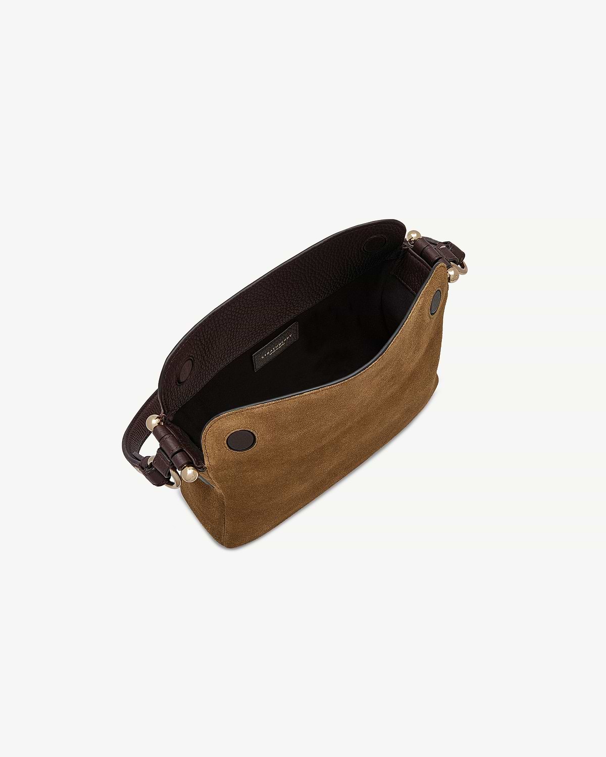 Open toffee suede bag with espresso leather trim and gold fittings.