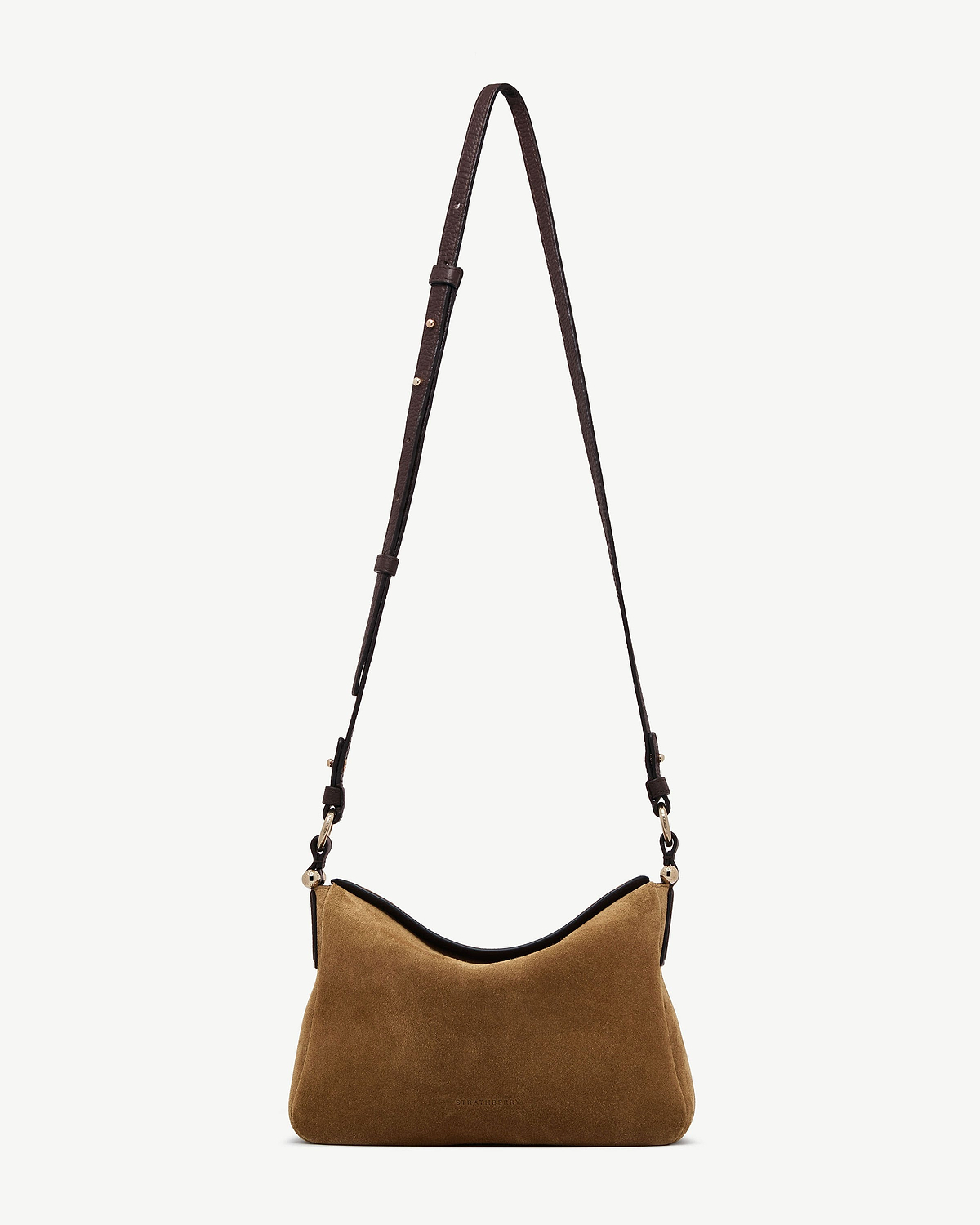 Strathberry Sway toffee suede shoulder bag with espresso leather strap and gold hardware