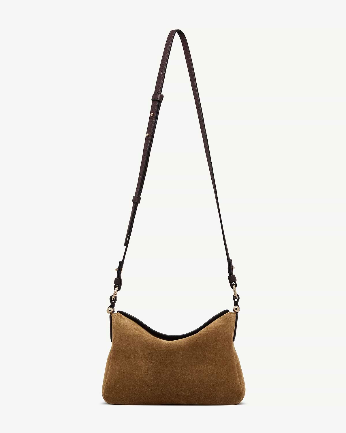 Strathberry Sway toffee suede shoulder bag with espresso leather strap and gold hardware