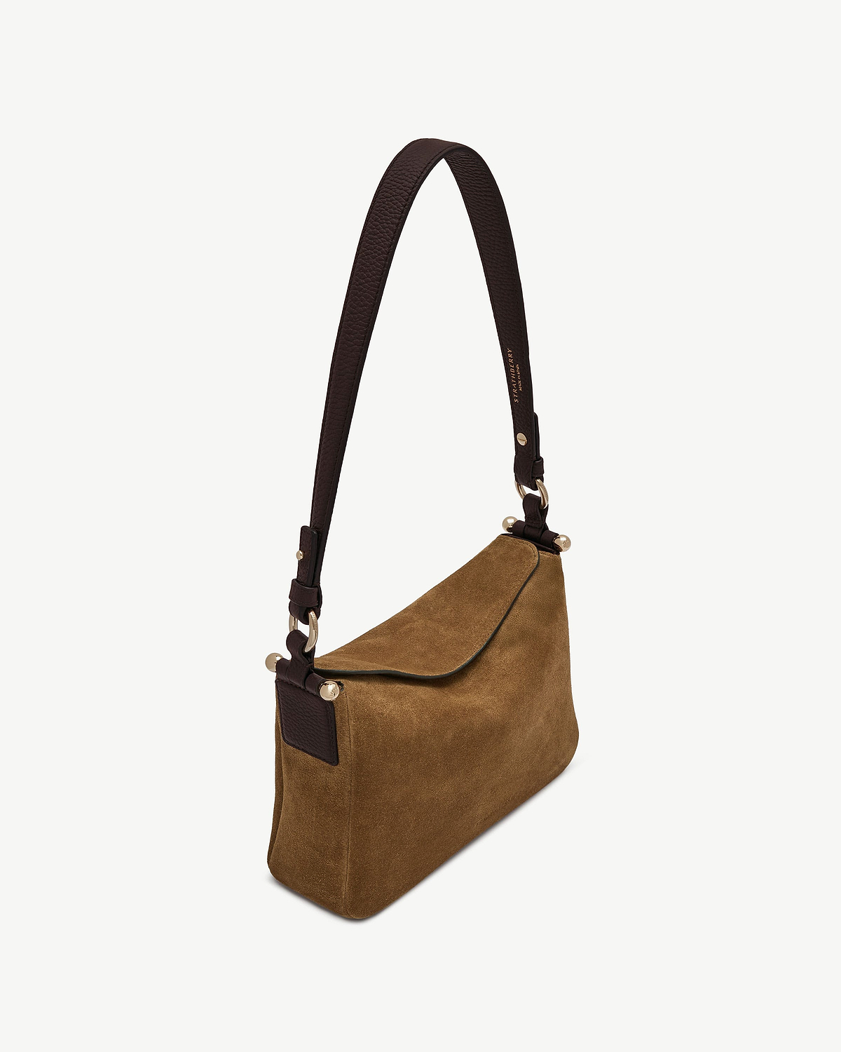 Strathberry Toffee suede Sway shoulder bag with espresso leather strap, gold hardware