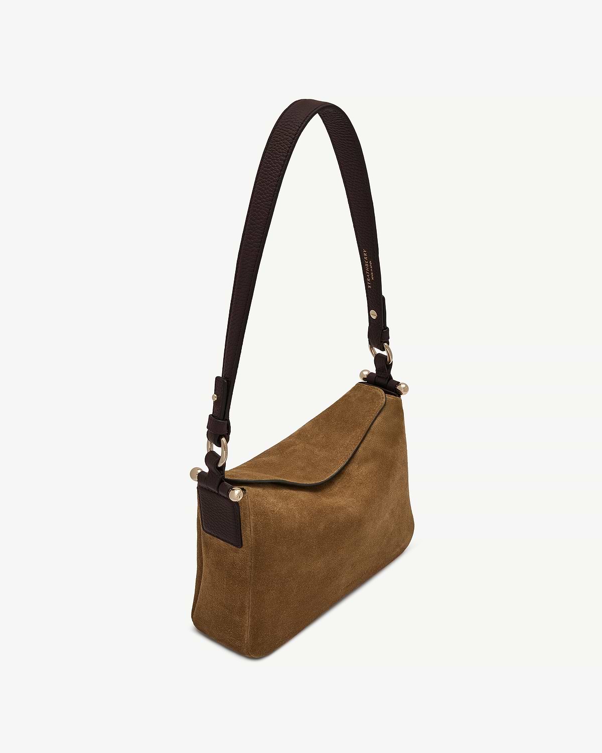 Strathberry Toffee suede Sway shoulder bag with espresso leather strap, gold hardware