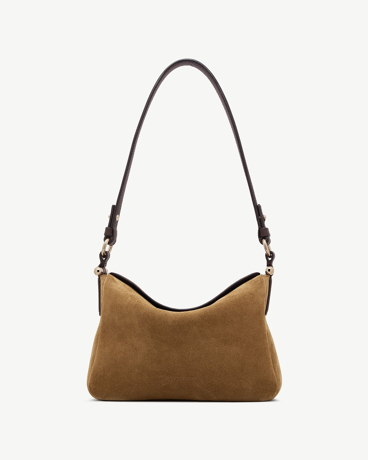 Toffee suede shoulder bag with espresso leather strap and Strathberry logo.