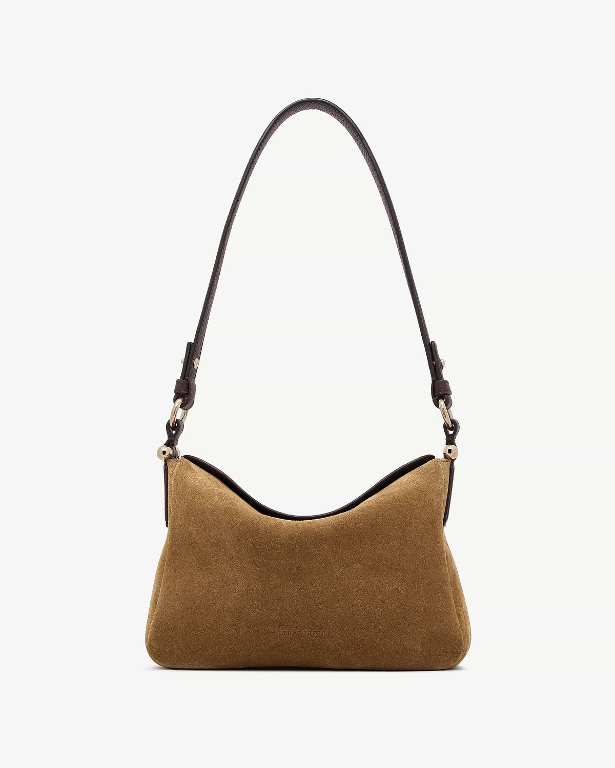 Toffee suede shoulder bag with espresso leather strap and Strathberry logo.
