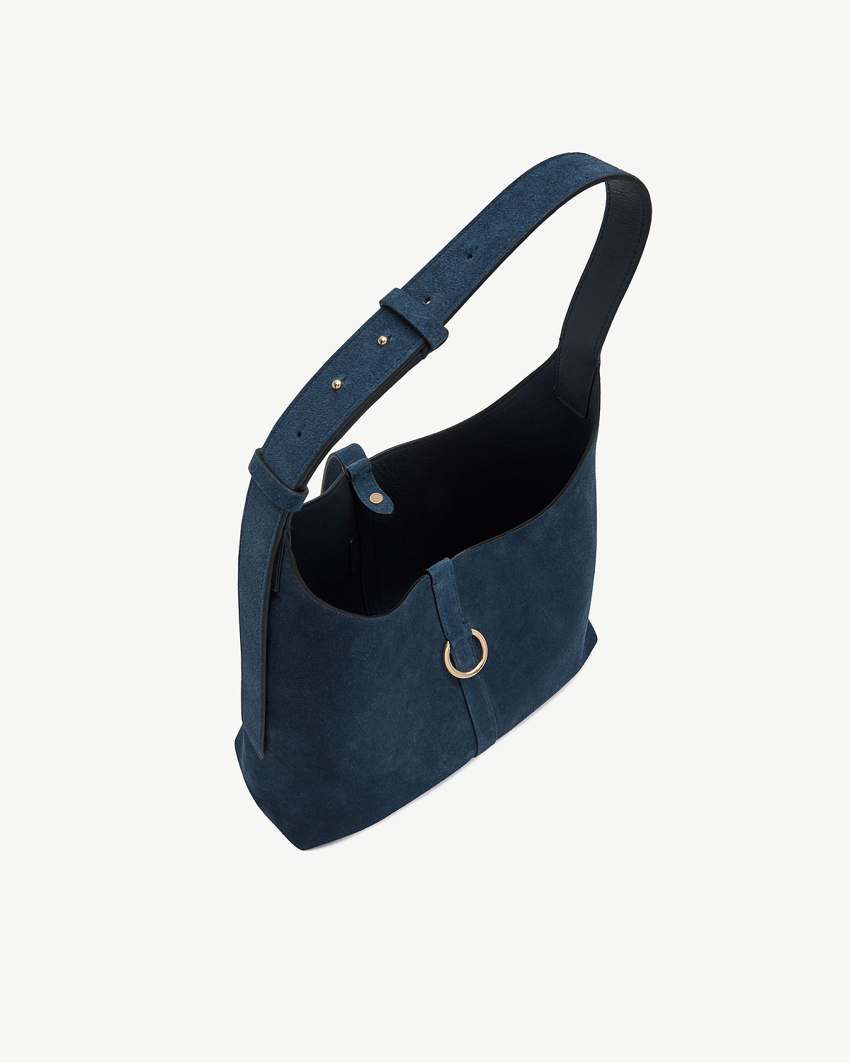 Loch blue suede Kite Hobo bag strap and upper edge with gold ring detail