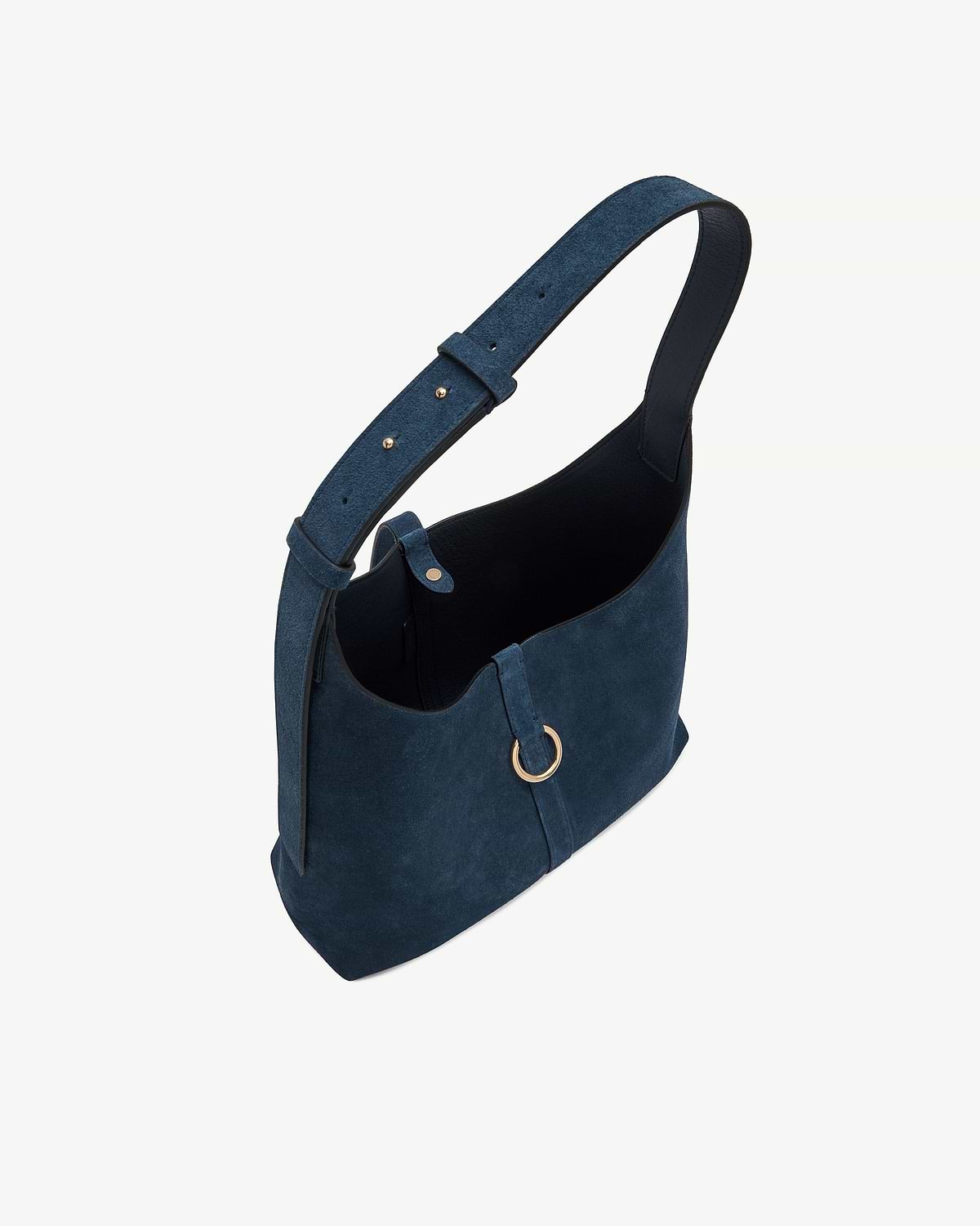 Loch blue suede Kite Hobo bag strap and upper edge with gold ring detail