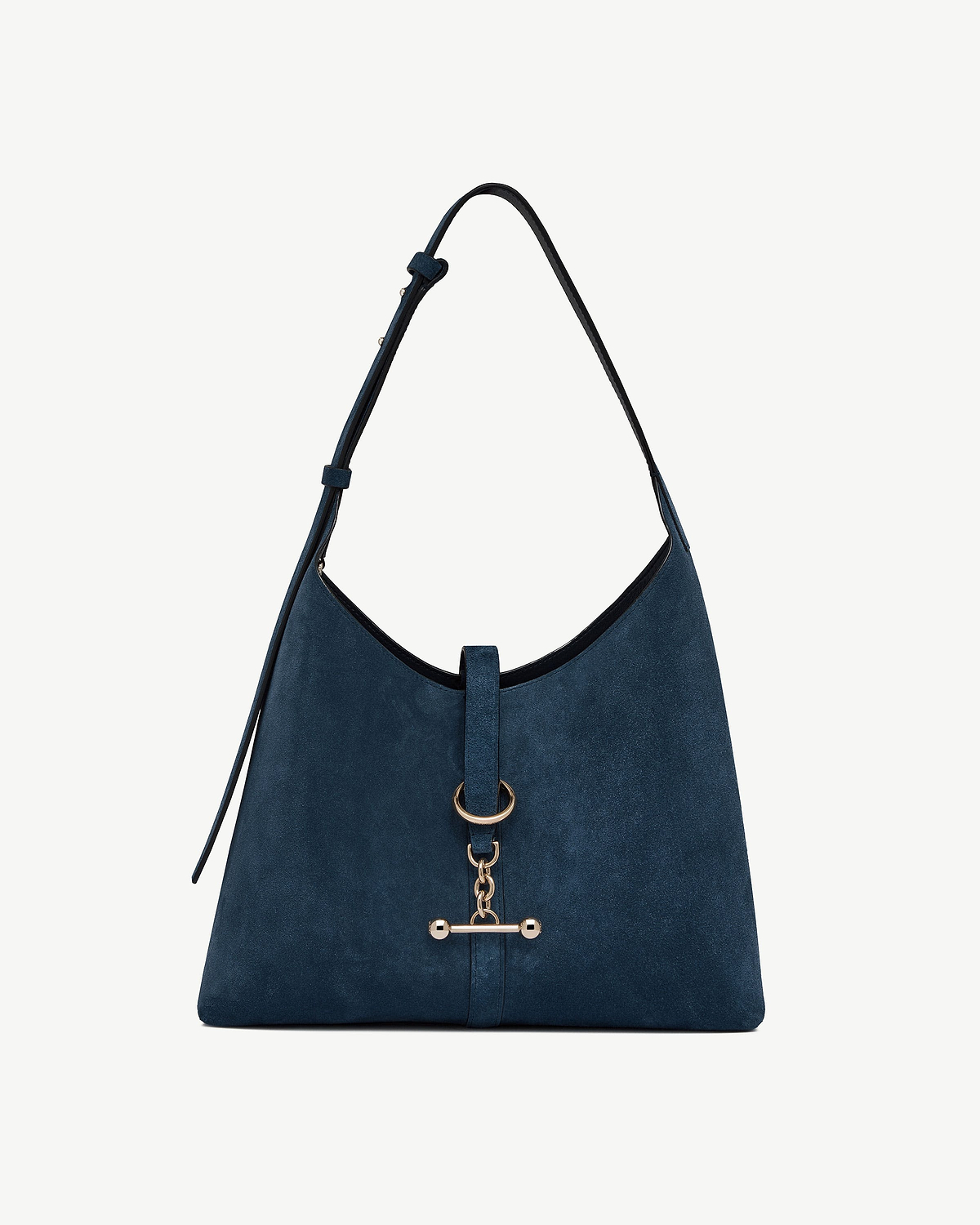 Kite hobo bag in loch blue suede with gold ring and toggle hardware.