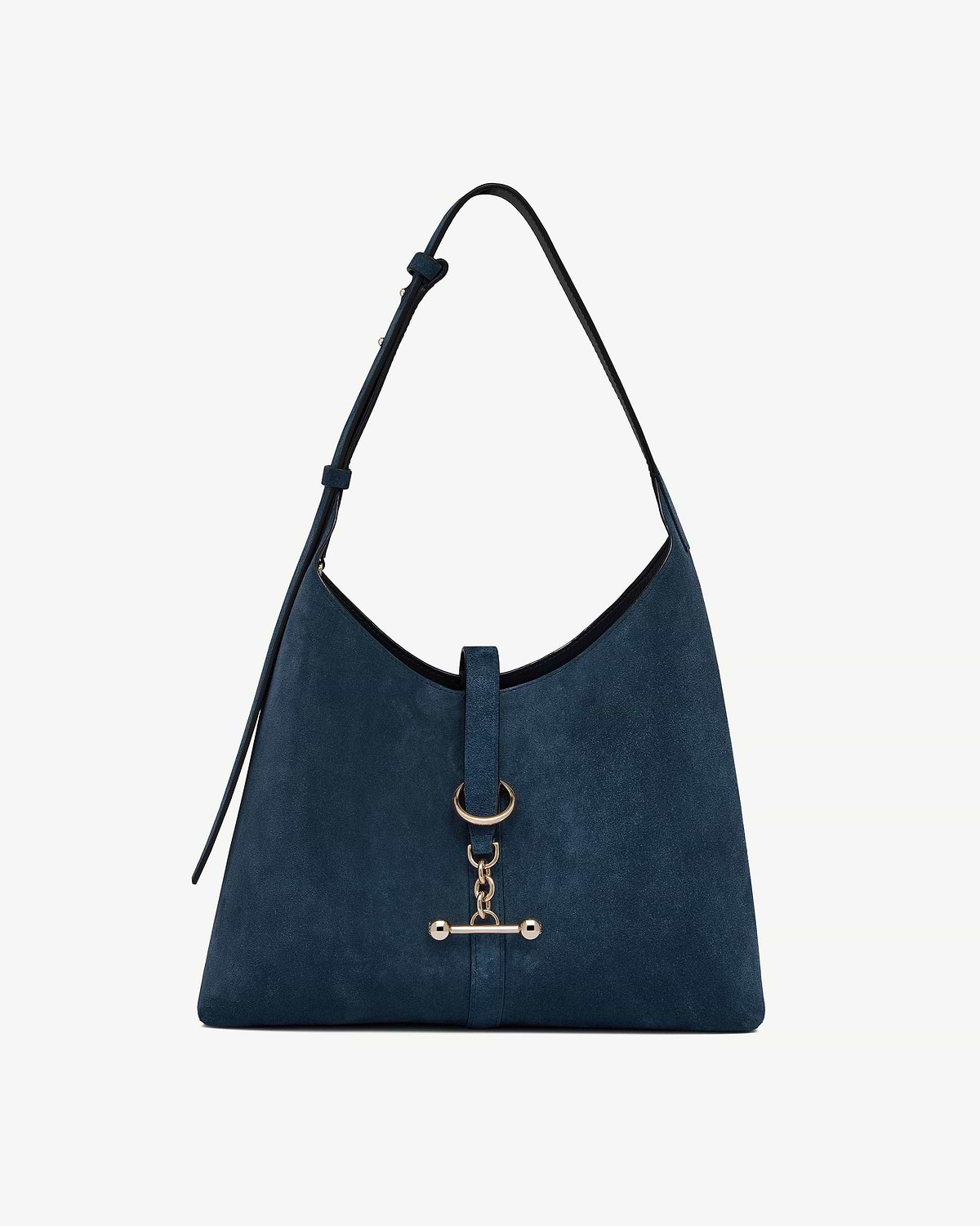 Kite hobo bag in loch blue suede with gold ring and toggle hardware.
